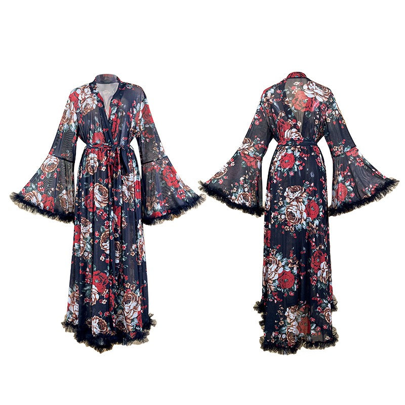ZAHIR Private Edit Vintage Rose Feather Trim Sheer Kimono Robe