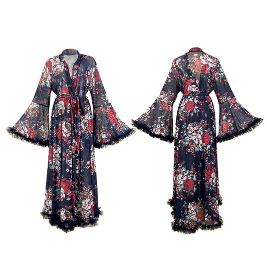 ZAHIR Private Edit Vintage Rose Feather Trim Sheer Kimono Robe
